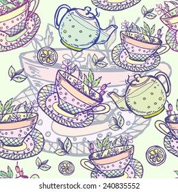 seamless pattern watercolor with cup of tea, coffee