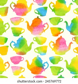 Seamless pattern with watercolor cups and teapots. Vector illustration
