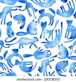 Seamless pattern of watercolor cute  cats. Beautiful and funny background.  Can be used for pattern fills, wallpapers,texture of fabric, surface textures.