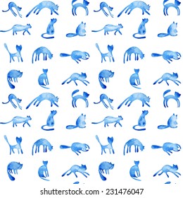 Seamless pattern of watercolor cute  cats. Beautiful and funny background.   Can be used for pattern fills, wallpapers,texture of fabric, surface textures.