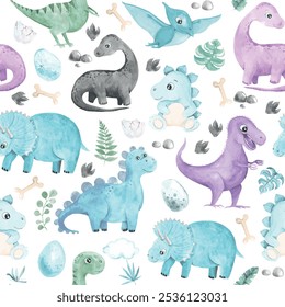 Patrón sin fisuras con personajes de dinosaurios pequeños y lindos de acuarela. Estampado infantil de reptiles prehistóricos de dibujos animados en colores azul, verde y violeta. Perfecto para la tela del cabrito del bebé y el papel de embalaje
