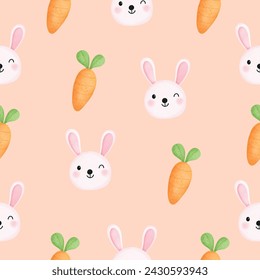 Patrón sin costuras con acuarela de conejo lindo y zanahoria para su tela, textil para niños, decoración de vivero, papel de envoltura de regalo, ropa de cama para niños.	