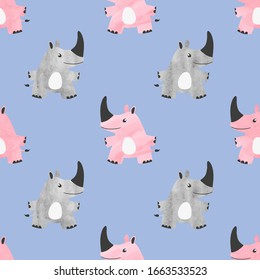 Seamless pattern with watercolor cute rhino for kids. Baby print