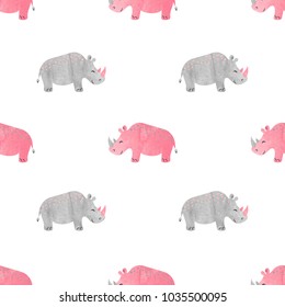 Seamless pattern with watercolor cute rhinoceros for kids. Baby print