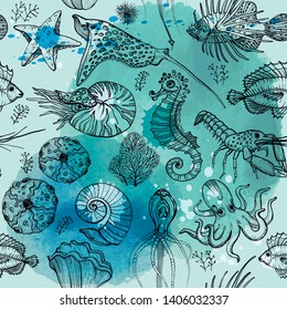 Seamless pattern with watercolor deepwater living organisms, vector illustration