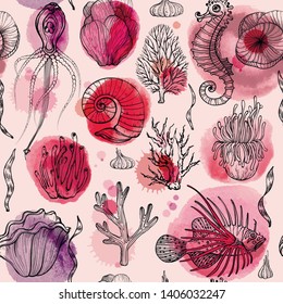 Seamless pattern with watercolor deepwater organisms, vector illustration