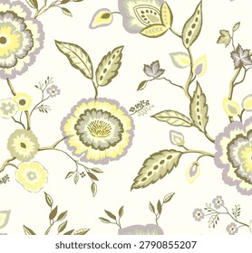 seamless pattern with watercolor delicate yellow flowers and plants, hand painted on a white background