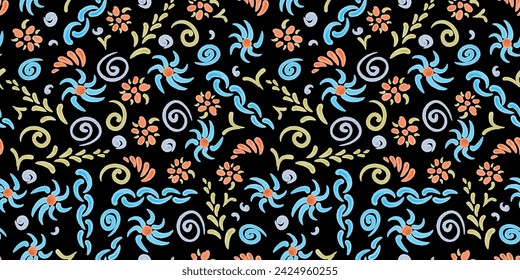 Seamless pattern of watercolor doodle sketches of various abstract decorative design elements, vector background for textile, wallpaper