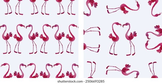 Seamless pattern watercolor drawings cartoon pink flamingo birds, vector hand drawn background, wallpaper,paper,textile