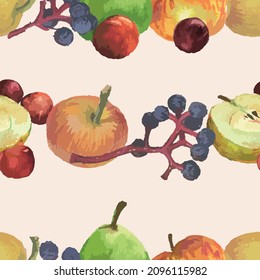 Seamless pattern from watercolor drawings of set various ripe fruits,yellow apples,red cherries and plum,blue chokeberry berries,green pear