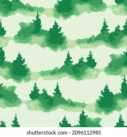 Seamless pattern from watercolor drawings of silhouettes green fir trees