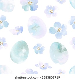 Seamless pattern with watercolor Easter eggs and flowers on a white background. Spring and Easter celebration concept for design and print