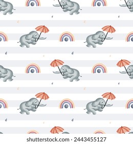 Patrón sin fisuras con elefante de acuarela y arco iris. Fondo de pantalla infantil lindo. Acuarela animales fondo