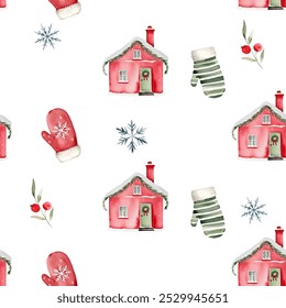 Seamless pattern with watercolor fairy houses and gloves. Winter background. Hand drawn christmas ornament.