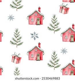 Seamless pattern with watercolor fairy houses and fir. Winter background. Hand drawn christmas ornament.