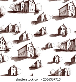 Seamless pattern of watercolor figures of houses isolated on a white background. Abstract illustration and modern printing for logo design, cover art, drawing