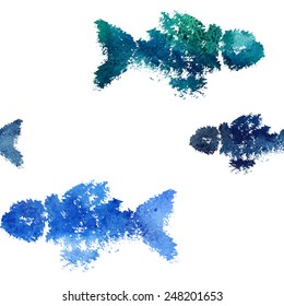Seamless pattern with a watercolor fish. Beautiful stain and texture of a paper. Unusual  pattern for your design, for web, packaging and textile.