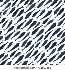 Seamless pattern with watercolor fish silhouette swimming diagonally. Vector illustration for background of menu of fish restaurant.