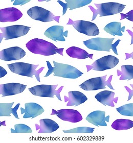 Seamless pattern with watercolor fish. Textile print.