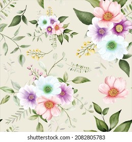 seamless pattern watercolor flower and leaves design