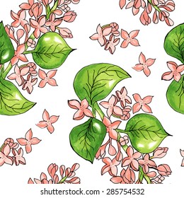 Seamless pattern with watercolor flowers. Apple tree flower branch.Vector. Hand drawn.
