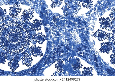 Seamless pattern of watercolor flowers with blue tones botanical leaf background. Watercolor colorful tie dye pattern. Abstract art seamless textile print design azure denim blue batik