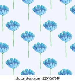 Seamless pattern with watercolor flowers chicory. For printing wrapping paper, wallpaper, packaging, fabric. Hand Drawn vector illustration.