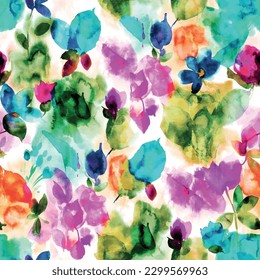 Seamless pattern of watercolor flowers with colorful botanical leaf background. Watercolor colorful tie dye pattern. Abstract art seamless textile print design