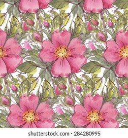 Seamless pattern with watercolor flowers. Dog rose. Vector illustration.