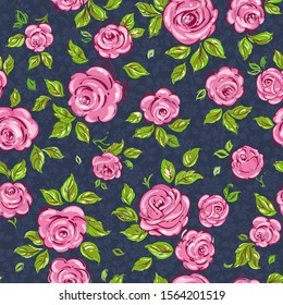 Seamless pattern with watercolor flowers. Flourish retro ornamental spring texture. Elegance wallpaper with of pink roses on floral background, vector illustration