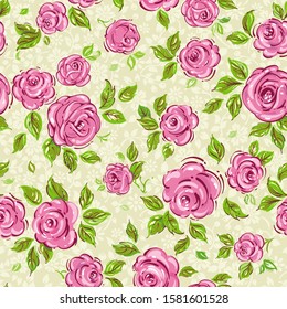 Seamless pattern with watercolor flowers. Flourish retro ornamental spring texture. Elegance wallpaper with of pink roses on floral background, vector illustration