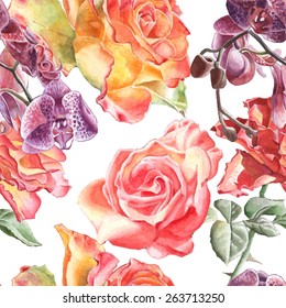 Seamless pattern with watercolor flowers. Hand drawn.