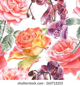 Seamless pattern with watercolor flowers. Hand drawn.