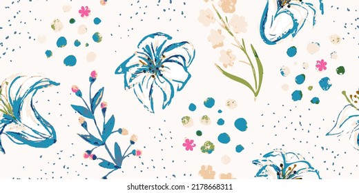 Patrón inmaculado con flores acuarelas y detalles dibujados a mano. Fondo floral para el diseño de textiles, cubiertas, papel pintado, tela, material promocional y más. Ilustración del vector