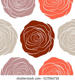 Seamless pattern. Watercolor flowers illustration in orange, neutral and brown colors on a white background.