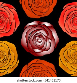 Seamless pattern. Watercolor flowers illustration in red, yellow and orange colors on a black background.