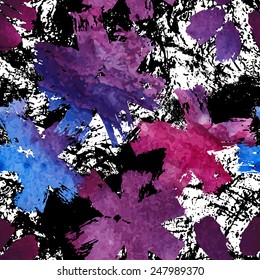 Seamless pattern with watercolor  flowers and ink blots. Sloppy strokes of a paint. 