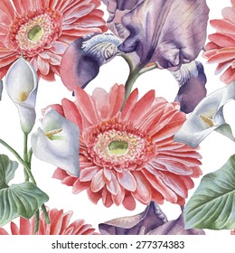Seamless pattern with watercolor flowers. Iris. Gerbera. Calla. Vector. Hand drawn.