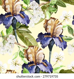 Seamless pattern with watercolor flowers. Iris.  Vector illustration