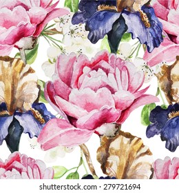 Seamless pattern with watercolor flowers. Iris. Peonies. Vector illustration