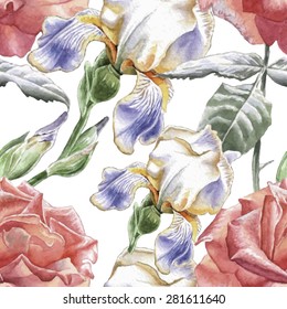 Seamless pattern with watercolor flowers. Iris. Rose. Vector. Hand drawn.