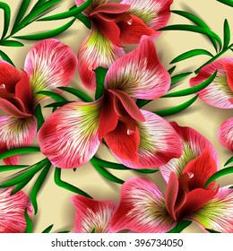 Seamless pattern with watercolor flowers. Iris. Orhid. Vector. Hand drawn.
