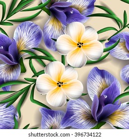 Seamless pattern with watercolor flowers. Iris. frangipani. Vector. Hand drawn.