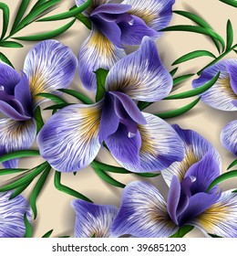 Seamless pattern with watercolor flowers. Iris. Orhid. Vector. Hand drawn.