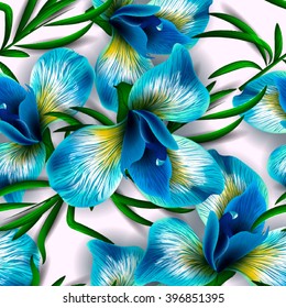 Seamless pattern with watercolor flowers. Iris. Orhid. Vector. Hand drawn.