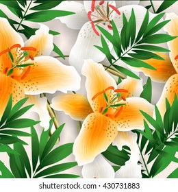 Seamless pattern with watercolor flowers. Iris. Orhid.  Vector. Hand drawn.