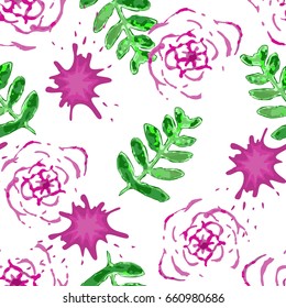 Seamless pattern watercolor flowers and leaf.