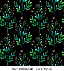 Seamless pattern with watercolor flowers and leaves on a dark background, hand painted. Wild flowers vector collection. herbs, herbaceous flowering plants, floral branches abstrac tree