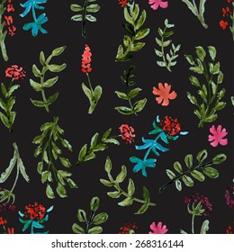 Seamless pattern with watercolor flowers on a dark background. Vector illustration for your design