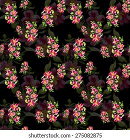 Seamless pattern watercolor flowers on black background, paper, textile, fabric, wrapper, wallpaper vector illustration